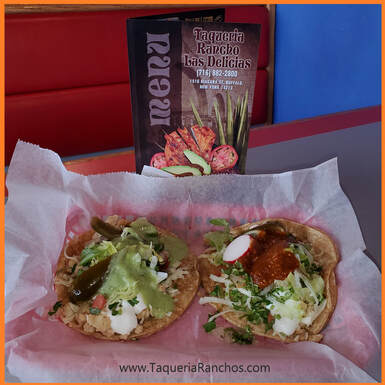 Pollo Tacos on plate on table at Taqueria Ranchos La Delicias on Niagara Street in Buffalo New York